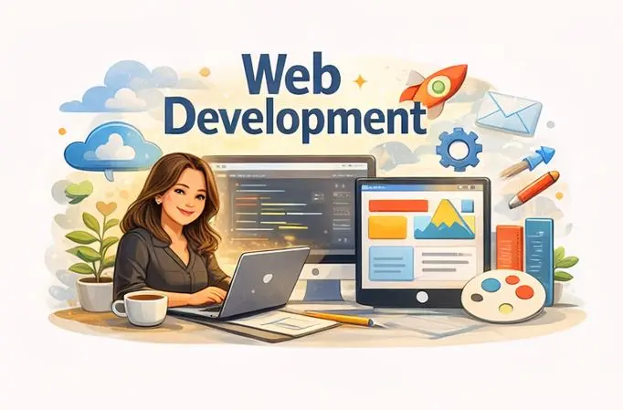 freelance digital marketing expert in Dubai working on her laptop, showcasing her skills in Web development