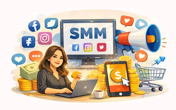 An illustration of a happy freelance digital marketing expert in Dubai who is specialized in SMM .